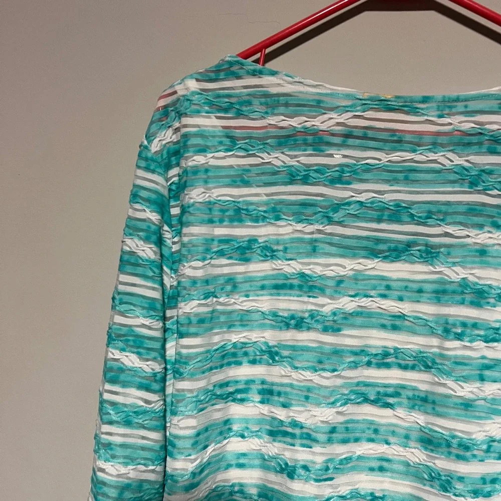 Ruby Rd Womens Top XL Blue White Striped Beaded Neck 3/4 Sleeve Tunic Layered - Picture 6 of 7
